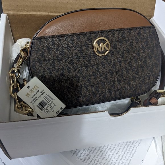 NWT Michael Kors Jet Set Glam Crossbody Oval Bag MK New Brown - Picture 1 of 8